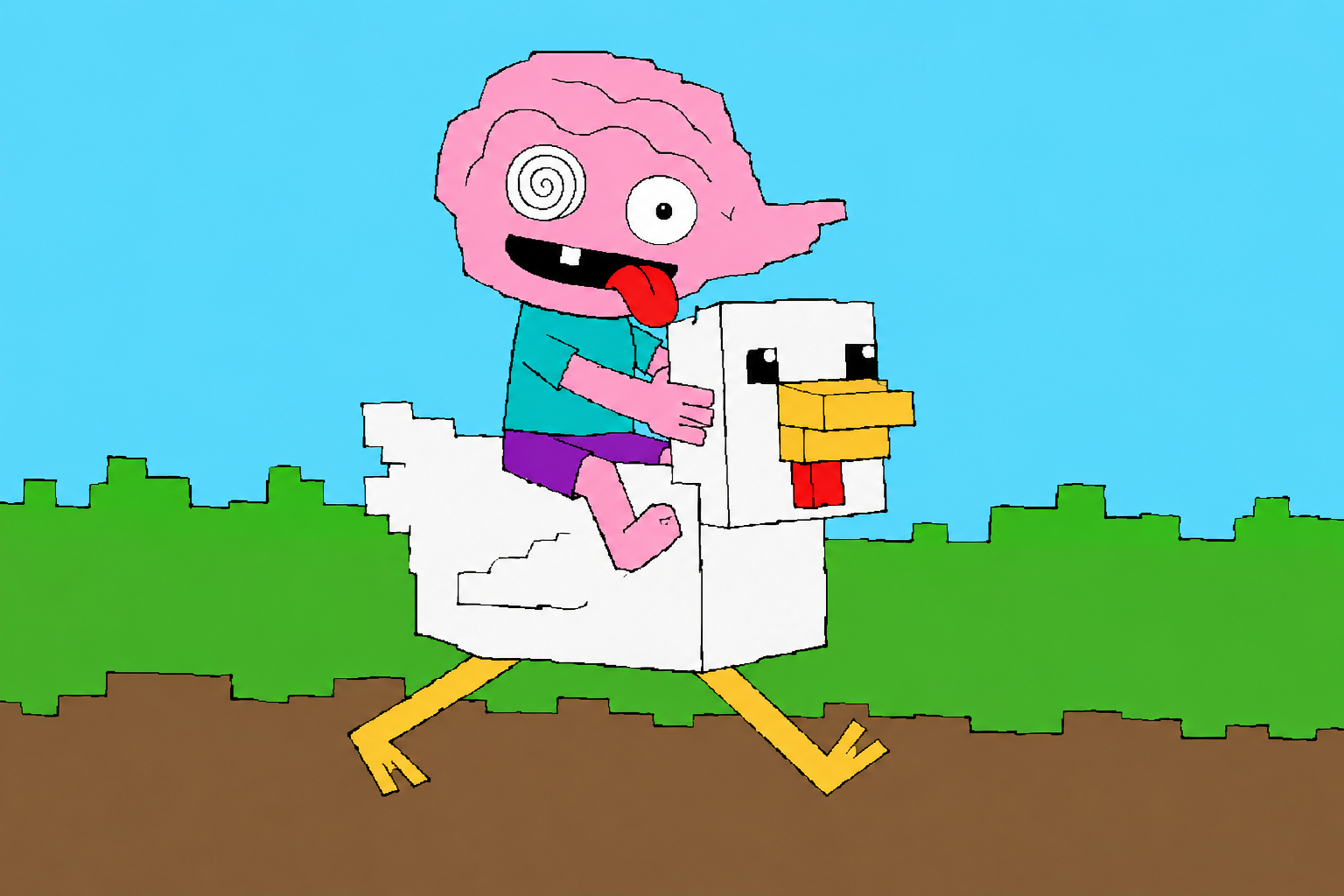 rot rides a blocky chicken